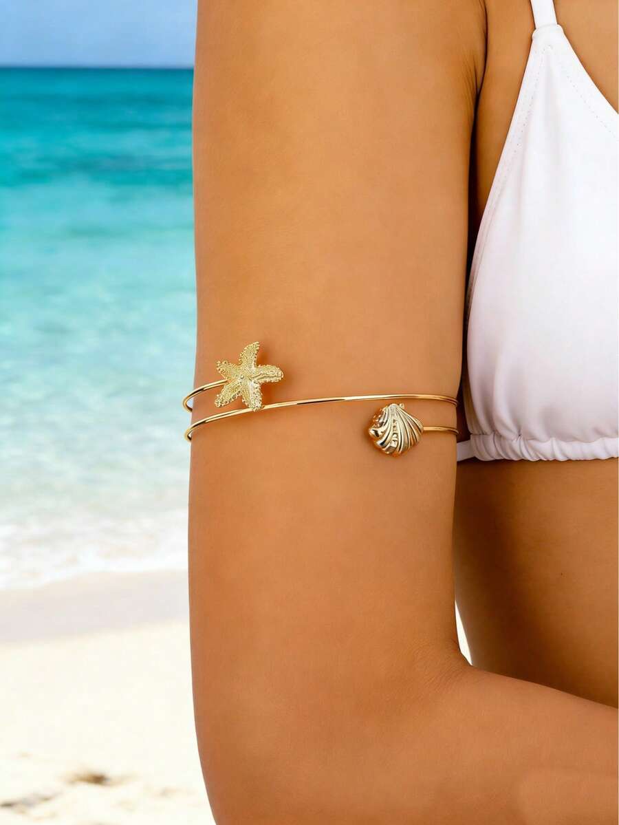 1pc Summer Seashell & Starfish Armband, Women Vacation Arm Cuff - Gold - View 1