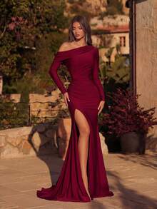 ADYCE Vestido de Dama de Honra Elegante e Dignificado com Manga Longa, Cintura Marcada, Ajustado ao Corpo, Fenda Alta e Cauda, Vestido de Noiva, Vestido de Formatura, Vestido de Festa de Recepção, Vestido de Convidado de Casamento, Festa Formal - Vinho - Visão 1