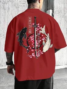 Unisex Japanese Style T-Shirt | Black And White Cherry Blossom And Koi Carp With Samurai Sword Design | Casual Loose Fit, Crew Neck, Comfortable Fabric, Ideal For Spring And Summer - Đỏ - Xem 3