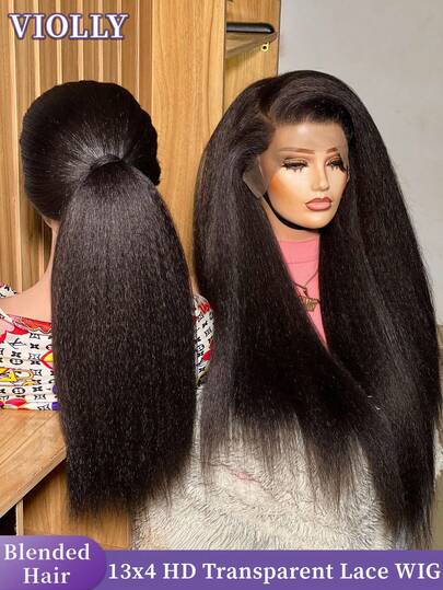 VIOLLY Brazilian Hair Yaki Straight Natural Edges Wig With Baby Hair Ear To Ear 13x4 Free Part Transparent Lace Frontals Wigs 180% High Density Kinky Straight Afro Wig Human Blended Heat Resistant Fiber Synthetic Hair Wig For Women Strong Hold Long Lasting Gift Ideas For Women