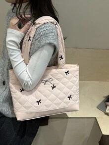 New Rhombus Bow Fashionable Korean Version Large Capacity Casual Unique Shoulder Tote Bag - Pink - View 5