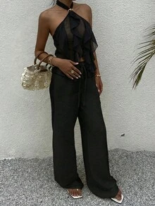 夏季优雅露背荷叶边套装，女士金属扣设计通勤及派对时尚黑色两件套 - 黑色 - 查看 4