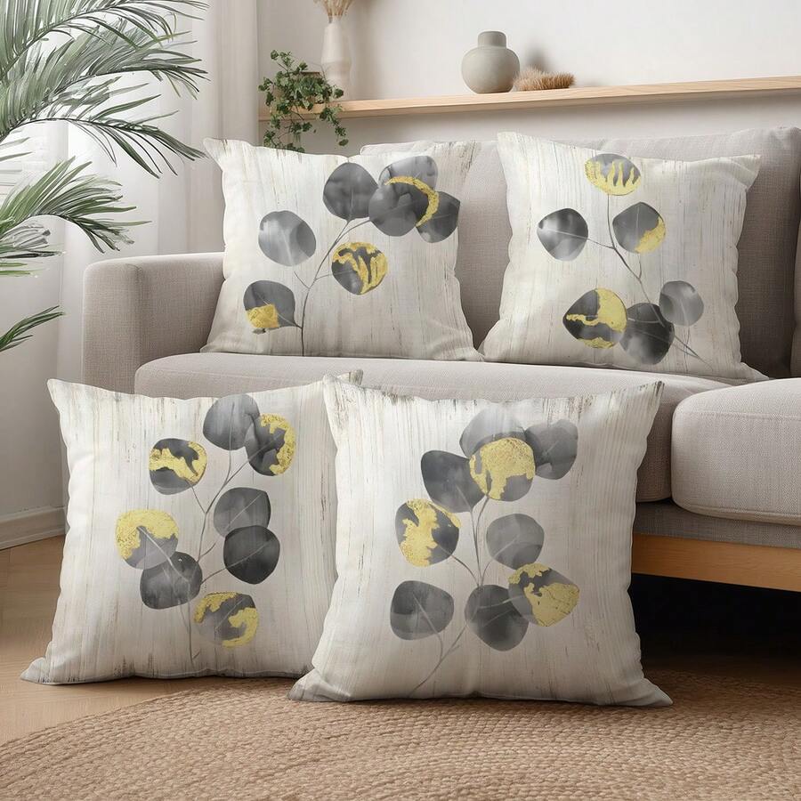 4pcs Vintage Gray & Gold Leaf Pattern Throw Pillow Covers, Single-Sided Printed Peach Velvet Polyester Material, 45*45CM Cushion Covers For Modern Fabric Sofa Indoor Decor, Party Decoration, Gift - Multicolor - View 1