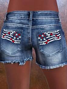 Plus-Size Women's High-Waisted Denim Shorts, Featuring Fashionable Back Pocket Embroidery With Frayed Edges, Suitable For Campus, Daily Wear, And Washable Stretchy Plus-Size Women's Skinny Jeans. - 中等水洗藍 - 查看 2