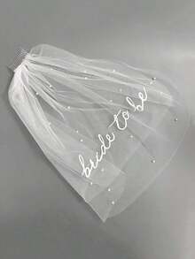 1pc Bridal Veil For Bachelorette Party| Embroidered Double-Layer White Lettered Veil With Comb Photo Accessories, Romantic Style - 彩色 - 查看 1