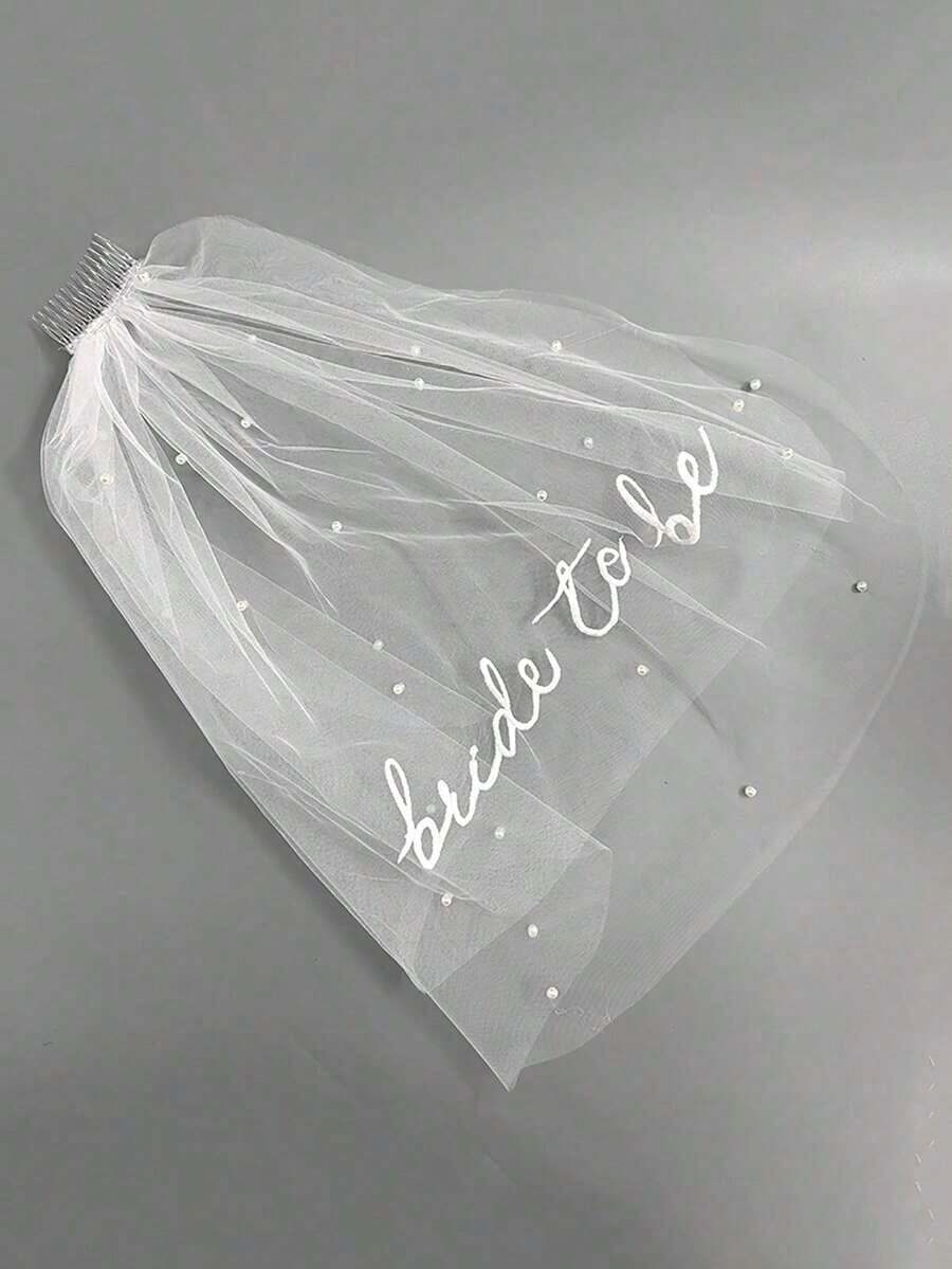 1pc Bridal Veil For Bachelorette Party| Embroidered Double-Layer White Lettered Veil With Comb Photo Accessories, Romantic Style - 彩色 - 查看 1