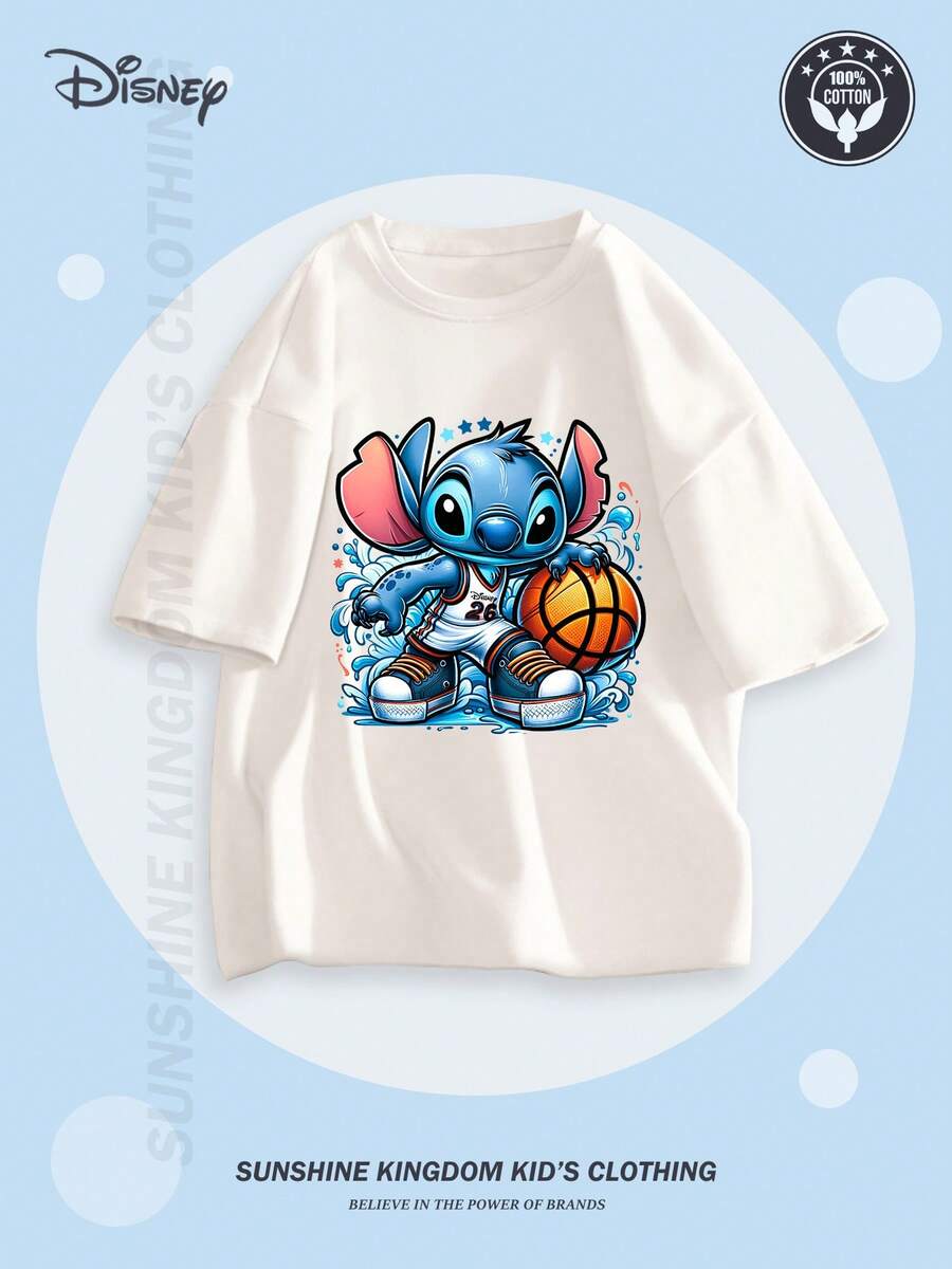Disney [Officially Licensed By ] 'Lilo & Stitch' Stitch Playing Basketball Printed Cotton T-Shirt Children's Short-Sleeve T-Shirt, Cartoon Print Top For Boys And Girls, Casual Sports Crew Neck Short-Sleeve Cotton T-Shirt, Machine Washable, Comfortable, Cool, Durable Knitted Gift - trắng - Xem 1