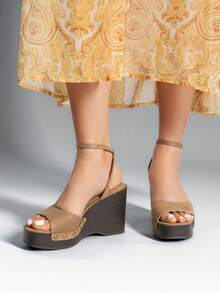 Women's Heeled Sandals Dressy 3.94-InchPlatform Square-Toe Ankle Buckle Studded Fashion Elegant Sandals For Outdoor Spring/Summer Shoes - Khaki - View 5