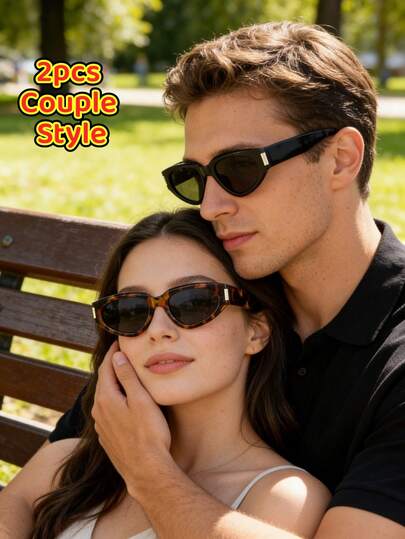 2副椭圆形小框男女通用装饰时尚眼镜，百搭，适合情侣佩戴，韩式风格，经典复古时尚眼镜，适合驾驶和旅行，复古