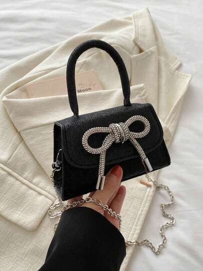 1pc Girls' Rhinestone Bow Decor Handbag, Velvet Shiny Material, Flap Closure, Evening Party Crossbody Bag, Suitable For Party, Date And Holiday Outfits
