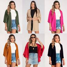 Women's Kimono Cardigan With 3/4 Sleeves, Loose Fit, Versatile, Lightweight, Premium Casual Beach Cover-Up - 黑色 - 查看 7