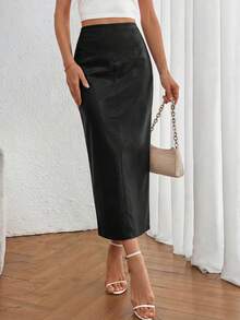 PRETTYGARDEN Women's New Fall Faux Leather Maxi Skirt, High Waist, Elegant Casual Pencil Maxi Skirt Slit Design New Years Valentine Vacation Skirt - 黑色 - 查看 3