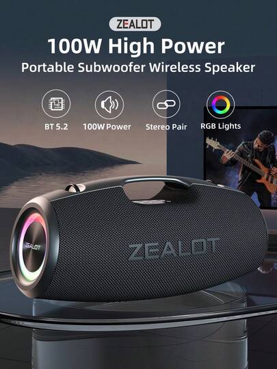  ZEALOT S78 100W 大功率无线音箱，便携式户外低音炮，带 RGB 炫彩灯，支持 SD 卡/USB/AUX/菊花链连接两个音箱，支持免提通话，适用于智能手机/平板电脑/电视/电脑，是户外派对/家庭聚会/海滩派对的理想之选。