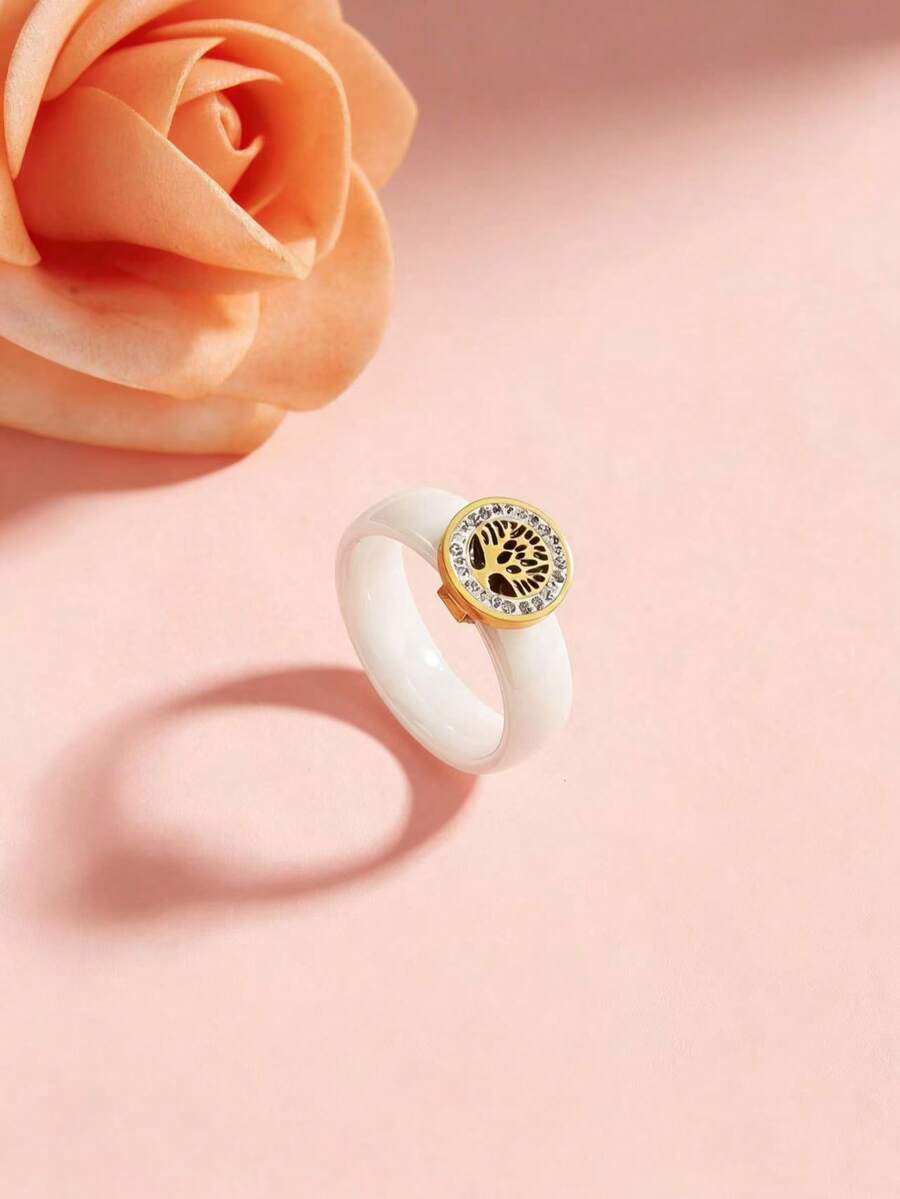 1pc 18K Gold Plated Stainless Steel Life Tree Ceramic Cubic Zirconia Ring, Women's Jewelry, Wedding Party Date Gift - White Gold - View 1