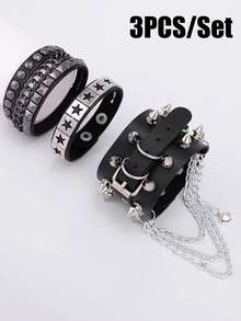 Xiacheng Bộ 3 vòng tay đinh tán phong cách Punk, vòng tay da PU gai nhọn kiểu Gothic, vòng tay unisex có thể điều chỉnh kích thước kiểu thập niên 80. - Màu Đen Súng - Xem 11