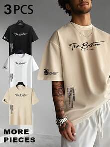 Set de 3 camisetas de manga corta con cuello redondo y estampado de eslogan casual para hombre - Multicolor - Ver 2