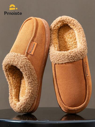Pmoiste 男士柔软毛绒记忆棉保暖室内拖鞋，TPR鞋底，舒适棕色冬季家居鞋