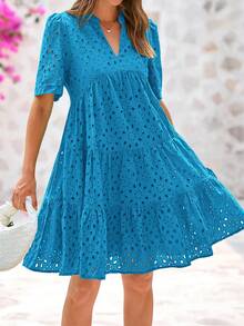Women Summer Embroidery Eyelet Short Dress V Neck Short Sleeve Hollow Out Lace Ruffle Tiered Flowy Mini Dress Casual Boho Bohemian Resort Beach Holiday Vacation Babydoll Mini Short Dress - 湖藍色 - 查看 4