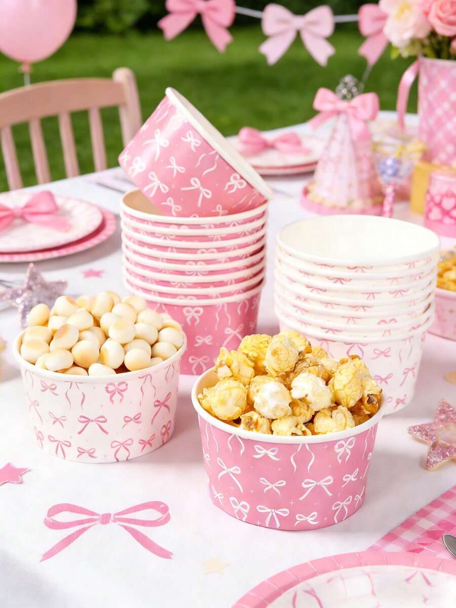 10pcs Pink Bow Paper Bowls, Pink Bow Ice Cream Bowls, Popcorn Buckets, Snack Boxes, Fries Containers, Food Trays, Pink Bow Party Decorations, Gender Reveal Party Decor, Wedding Decorations, Pink Princess Birthday Party Disposable Tableware, Dining Table Decor, Pink Bow Birthday Party Supplies, Party Gift Boxes, Valentine's Day Decorations
