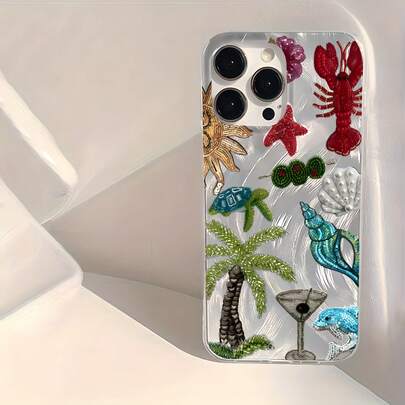 Minimalist TPU Marine Elements Shockproof 1pc Feather & Pearl Embroidered Palm Tree & Lobster Phone Case, Compatible With Apple 17, 16, 15, 14, 13, 12, 11 Pro Max, Air, And Series, International Version, Not The Domestic Version Spring