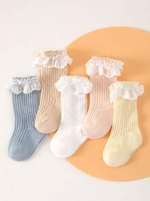 5双装女童春夏网眼防蚊袜，蕾丝公主中筒袜，白色长筒袜 - 彩色 - 查看 5