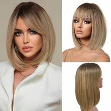 Tóc giả bob ombre màu vàng bạch kim có mái, dài 14 inch, thẳng tự nhiên, chân tóc tối màu, chất liệu tổng hợp mềm mại, thích hợp cho mặc hàng ngày và dự tiệc. - màu nâu - Xem 2