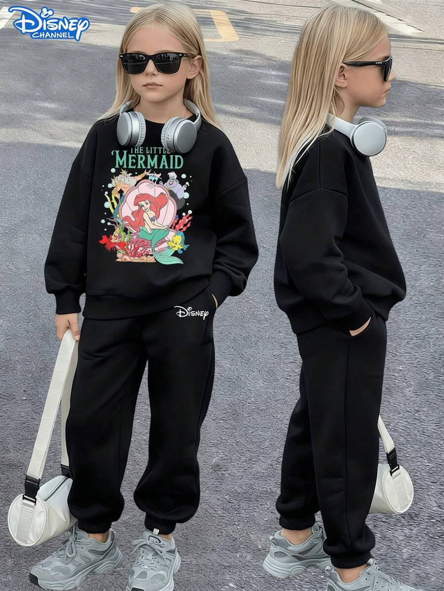 Disney The Ariel All Characters Print Kids Clothing Set, Pure Black Loose Sweatshirt With Cuffed Pants, Ariel Underwater Family Gathered With Classic Slogan, Full Of Dreamy Ocean Atmosphere, Skin-Friendly And Warm, Daily Outing School Casual Kids Autumn And Winter Wear, Unisex - Black - View 1