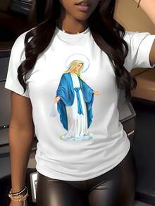 Figura sagrada de mujer con manto azul y luz celestial que simboliza pureza esperanza serenidad y guía espiritual para el alma camiseta de mujer blanca casual 220g cómoda moderna para diario - Blanco - Ver 1