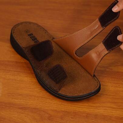  BUBUK Top Grain Leather Sports Slippers | Genuine Leather Men's Flip Flops With Arch Support, Casual Outdoor Sandals, Lightweight Waterproof Shoes, Open Toe Design, Suitable For Travel And Hiking