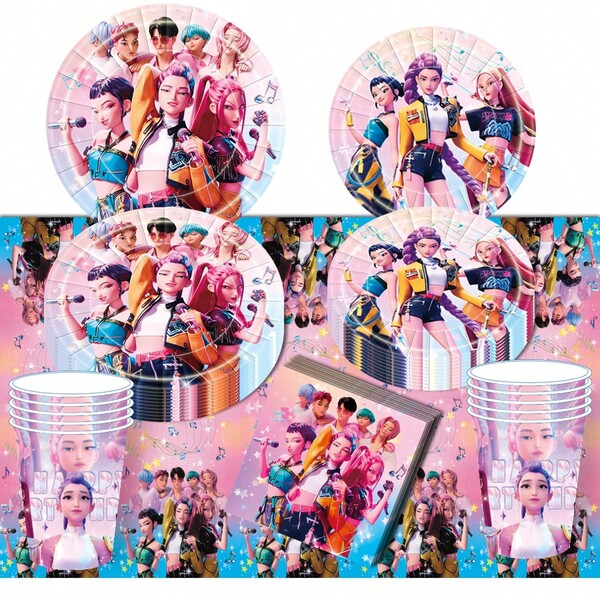 KPOP Witch Girl Group Birthday Party Supplies Set, Including Banner, Tablecloth, Plates, Cups, Cutlery, Party Decoration Combo Set, New Birthday Party Decoration Kit, Korean Theme Party Supplies