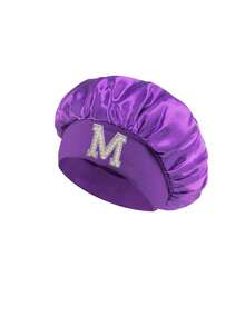 1 Pc A-Z Letter Hats Children' Elastic Wide Brim Satin Sleeping Cap Elastic Caps Fit, Hair Protection, Ultra Soft & Breathable With Anti-Slip Lining - Purple - View 9