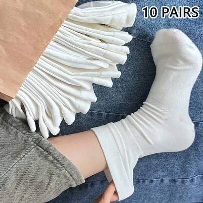 10双装女士简约休闲白色柔软圆领袜，舒适透气街头风设计，适合日常穿着，四季皆宜。