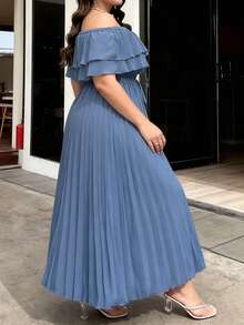 Women's Summer Plus Size Dress Short Sleeve Off Shoulder Solid Color Pleated Long Dresses With Belt - Blue - View 3