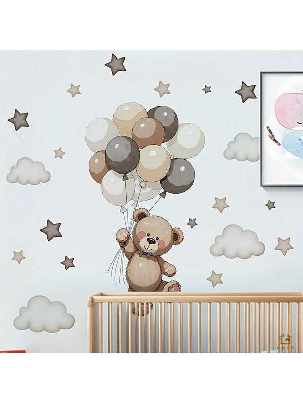 Starry Sky Bear Balloon Wall Sticker, Fantasy Night Sky Adventure, Self-Adhesive Starry Sky Wall Mural Wanderer, Suitable For Bedroom Ceiling, Living Room TV Wall, Home Restaurant Theme Area, Home Hotel Guest Room, Quickly Replaceable Healing Decor