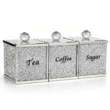 Tea Coffee Sugar Canisters Set, Glass Crushed Diamond Crystal Filled Storage Jars With Lids, Reusable Tea Coffee Sugar Containers For Kitchen Countertop, Home Decor & Gift - 銀色 - 查看 3