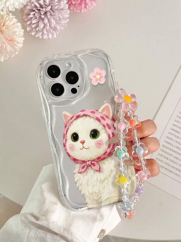 花卉小猫印花奶油色波浪边亮面喷绘防摔手机壳，附赠串珠手链配件，兼容 17 Pro/17 Air/17/17 Pro Max/16/11/16 Pro/16 Plus/16 Pro Max/16 e/15 Pro Max/13/14/12/XS/XR/7G/8P、Galaxy S25/S25 Plus/S25 Ultra/A16/A36、11/12 Pro/12/12 X、10/9/Note9/12c/Note11 Pro/Note8 Pro/9C/9a