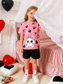 夏季女童卡通猫印花短袖短裤套装，面料柔软亲肤，休闲风格，猫咪印花，适合4-7岁儿童，情人节风格猫咪印花女童短袖短裤套装，可爱卡通猫咪印花 - 粉色 - 查看 6