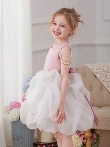 Young Girls Pearl Chain White Mesh Elegant Party Dress, Princess Dress, Pink Dress, Suitable For Girls Birthday Party, Prom, Wedding Flower Girl, Graduation, Casual Outings - Pink - View 9
