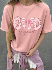 Tween Girl 可爱 Sunny Girl 蝴蝶与标语印花套头圆领 T 恤，全新春夏系列 - 粉色 - 查看 10