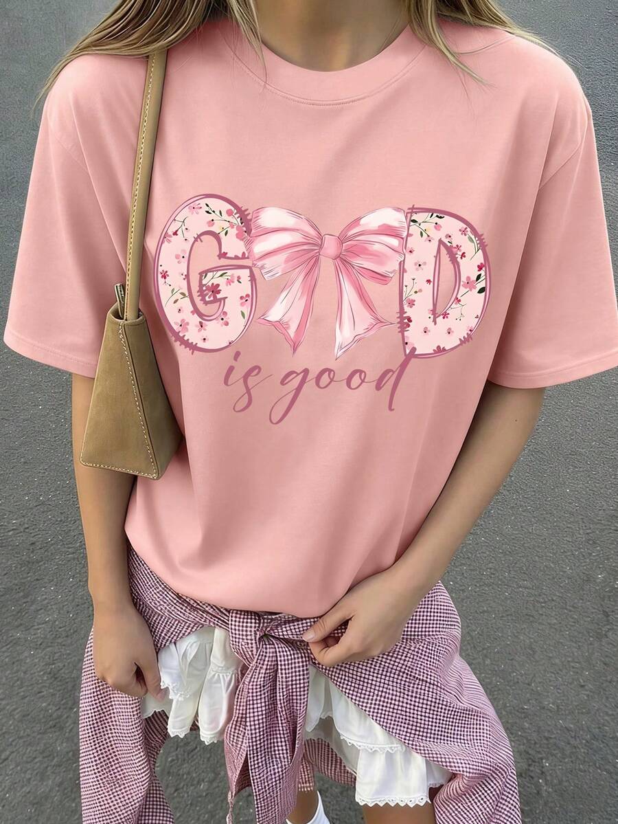 Tween Girl Cute Sunny Girl Butterfly & Slogan Print Pullover Crew Neck T-Shirt, New Spring/Summer Collection - Pink - View 1