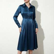 Vestido largo de manga larga color sólido estilo A línea elegante para otoño inspirado en la moda europea y americana para mujer - Azul (sin cinturón) (talla europea) - Ver 4