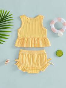 Toddler Baby Girls Swimsuit Two Piece Striped Bathing Suit Toddler Girls Summer Beach Ruffle Tankini Tank Tops With Shorts Swimwear - 黃色 - 查看 3