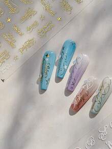 1张金箔书法英文星形现代简约字母时尚美甲贴纸，自粘式5D浮雕美甲装饰，适合女性日常及派对使用 - 彩色 - 查看 3