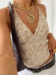Summer Fashionable Sexy V-Neck Low-Cut Beaded Embroidery Design Spaghetti Strap Tie Strap Camisole For Women Casual Vacation - Champagne - View 1