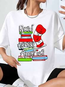 Read Across America Shirt With Cat In The Hat Hat And Books Design For Book Lovers Teachers And Students Celebrating Reading Day - 白色 - 查看 1