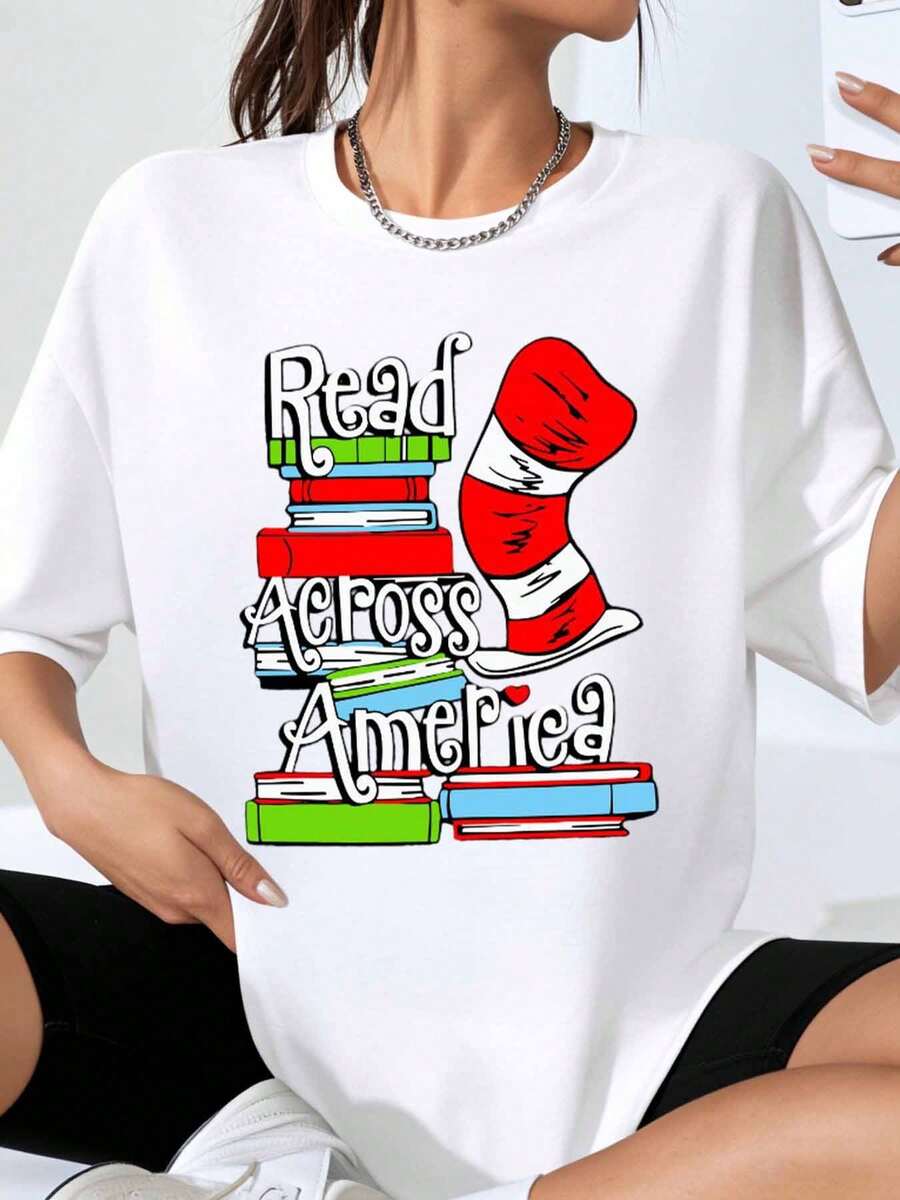 Read Across America Shirt With Cat In The Hat Hat And Books Design For Book Lovers Teachers And Students Celebrating Reading Day - 白色 - 查看 1