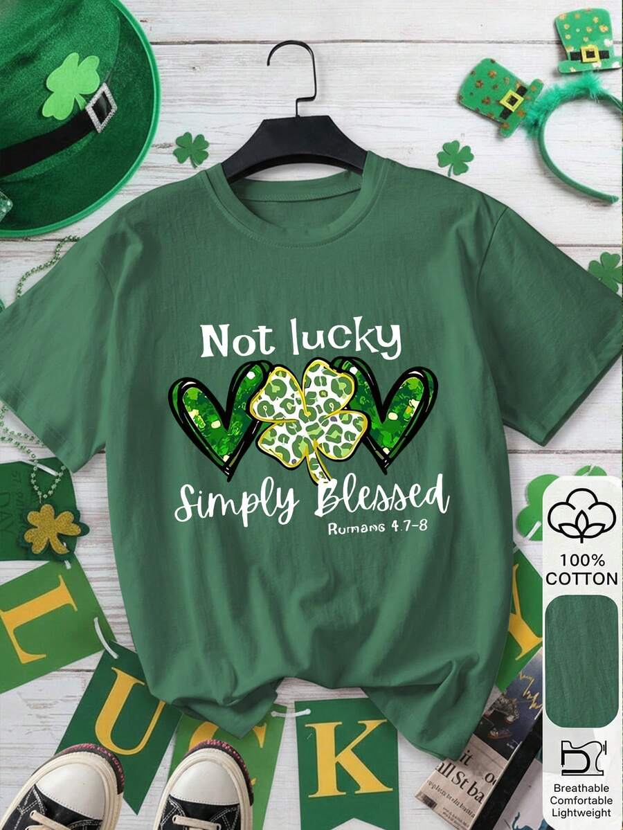 Camiseta de manga corta de 100% algodón con estampado de trébol de cuatro hojas para el Día de San Patricio, camiseta gráfica de estética oriental de uso diario - 100% algodón premium de manga corta, camiseta de la suerte de San Patricio, camiseta de Pascua, camiseta del Día de San Patricio de 100% algodón - Parte superior divertida, Vuelta al colegio 2026, Moda inspirada en el colegio, Esencial de vuelta al colegio, Primer día de colegio, Ropa de vuelta al colegio 2026, Parte superior retro de mujer, Estilo universitario