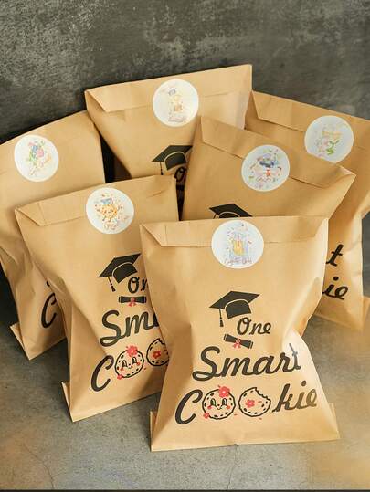 8/24pcs Graduation Party Brown Kraft Paper Gift Bags With "A Smart Cookie" Design, Including Sealing Stickers - Perfect For Graduation Celebration And Small Gifts, Graduation Party Supplies | Celebration Design | Decorative Sealing Stickers, Graduation Party Decor
