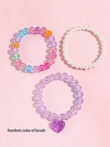 3pcs/Set Children's Minimalist Cute Heart Pendant Beaded Bracelet, Suitable For Girls' Daily Wear, Party, Gift - one-size - View 6