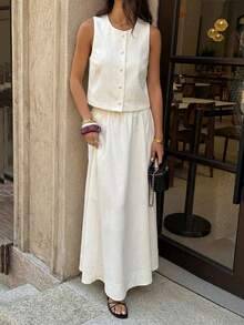 Unadoll Women's Summer Buttoned Blouse And High Slit Skirt Set, Gentle And Elegant Style, Suitable For Dates, Valentine's Day, Outings, Birthdays, Vacations And Birthday Outfits - White - View 6